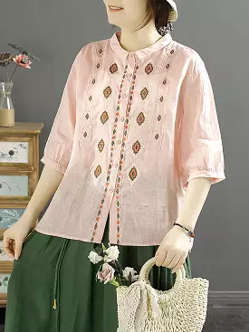 Women Ethnic Rhomboids Embroidery Ramie Button Up Blouse KL1031