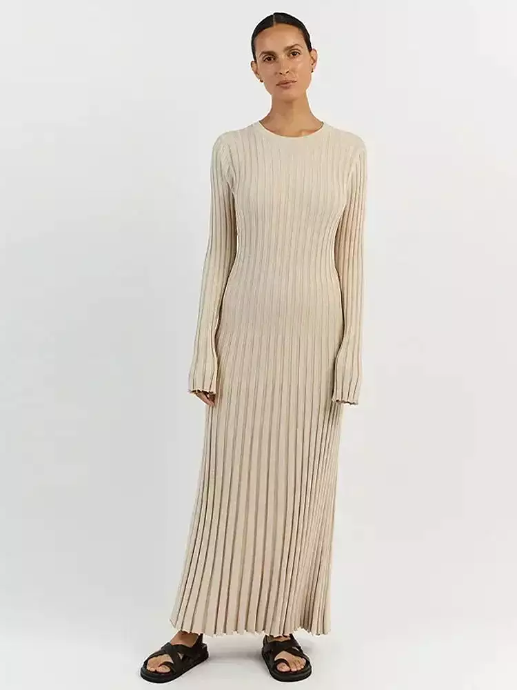 Women Knitted Long Dress Long Sleeve Pleated Dresses Maxi Dress