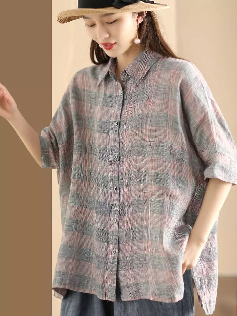 Women Retro Summer Plaid Linen Button-Up Blouse CO1006