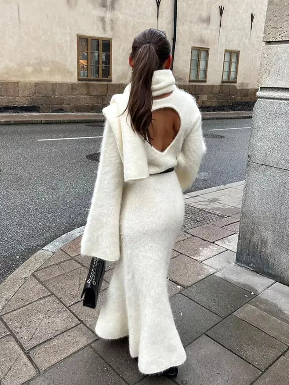 Women Sexy Solid Maxi Dress Elegant Backless Flare Sleeve Long Sleeve Slim Commuting Dresses