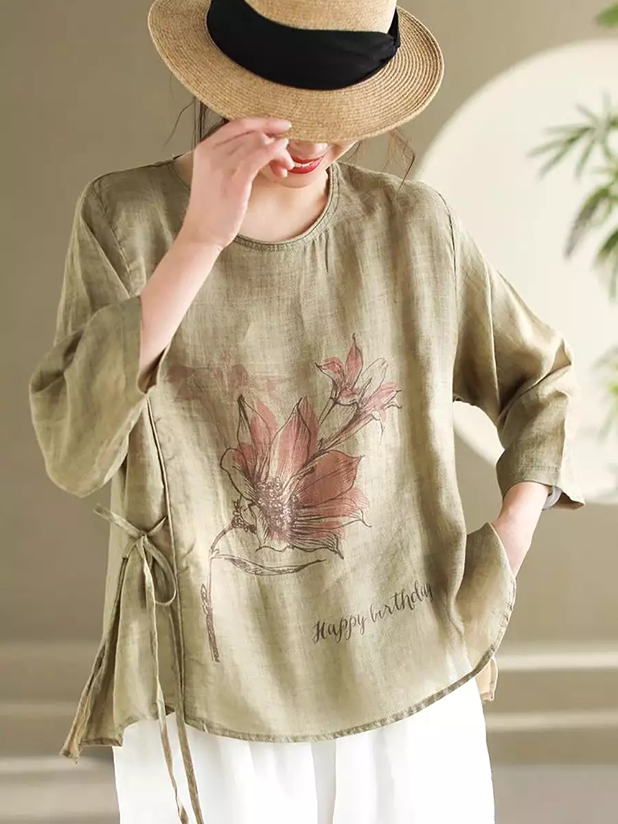 Women Spring Flower Vintage Strap Ramie Blouse KL1039