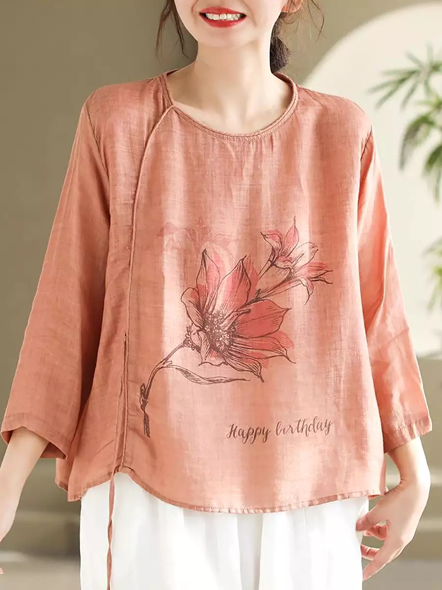 Women Spring Flower Vintage Strap Ramie Blouse KL1039