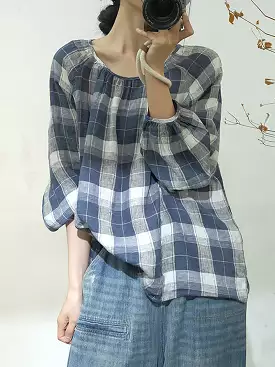 Women Spring Plaid Artsy Linen Loose Blouse KL1048