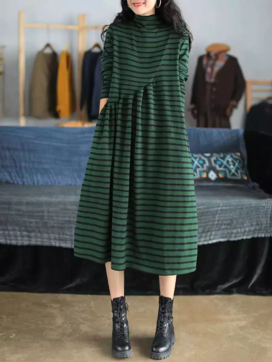 Women Stripe Turtleneck Cotton Dress