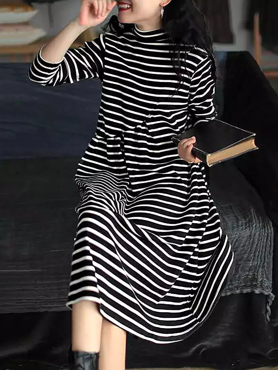 Women Stripe Turtleneck Cotton Dress