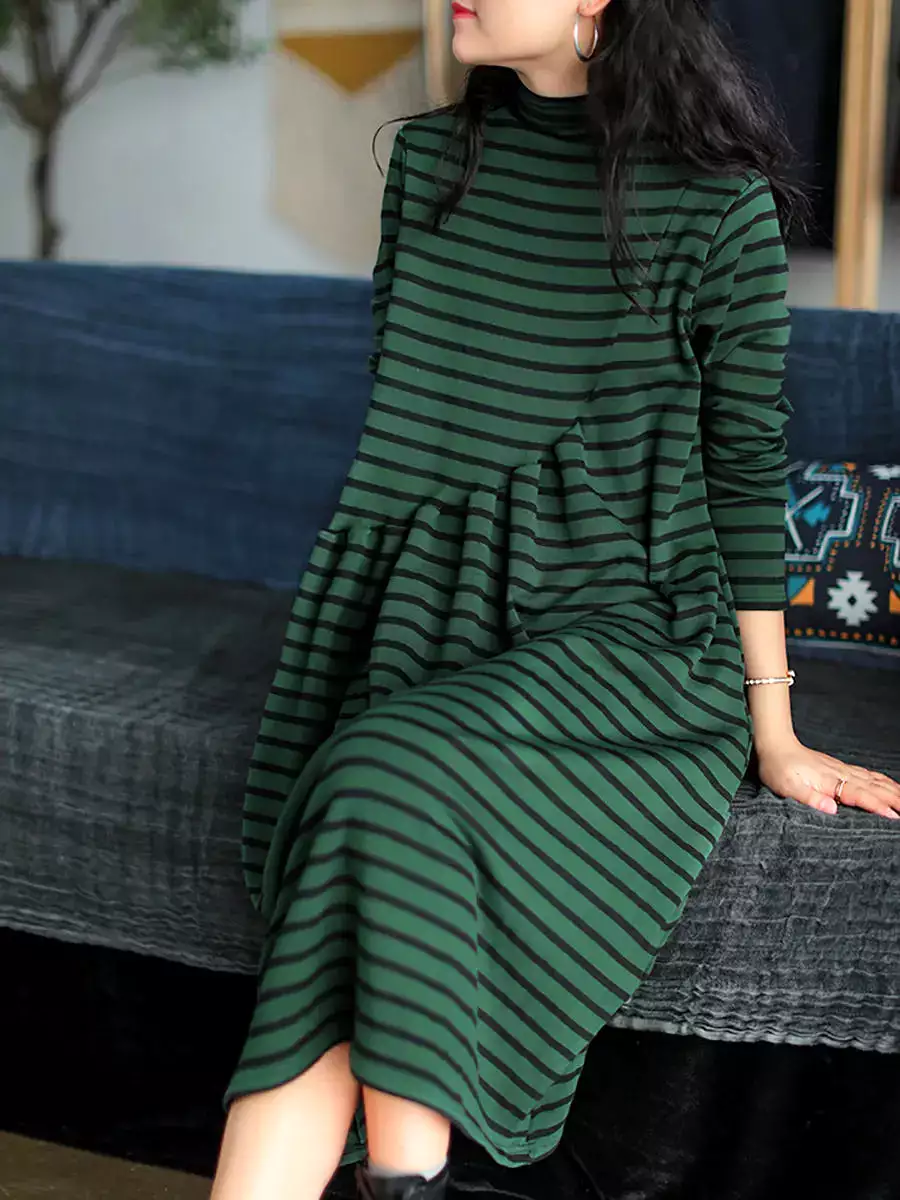 Women Stripe Turtleneck Cotton Dress