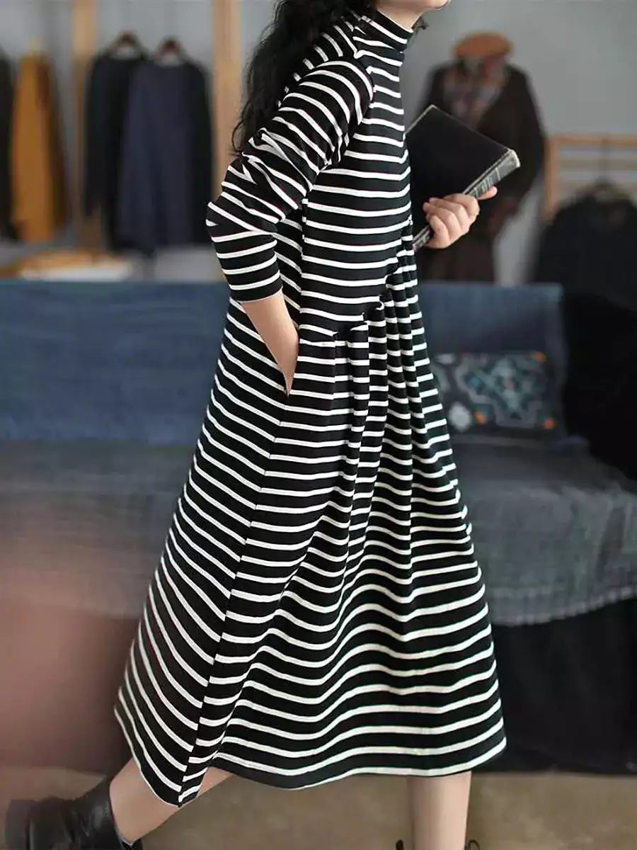 Women Stripe Turtleneck Cotton Dress