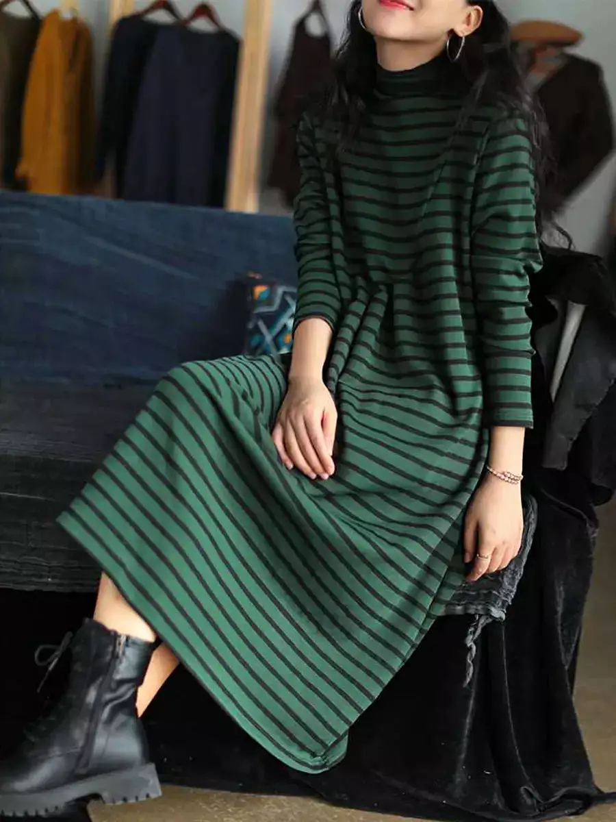 Women Stripe Turtleneck Cotton Dress