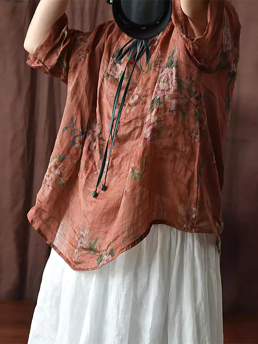 Women Vintage Floral Spring Strap Linen Blouse CO1036