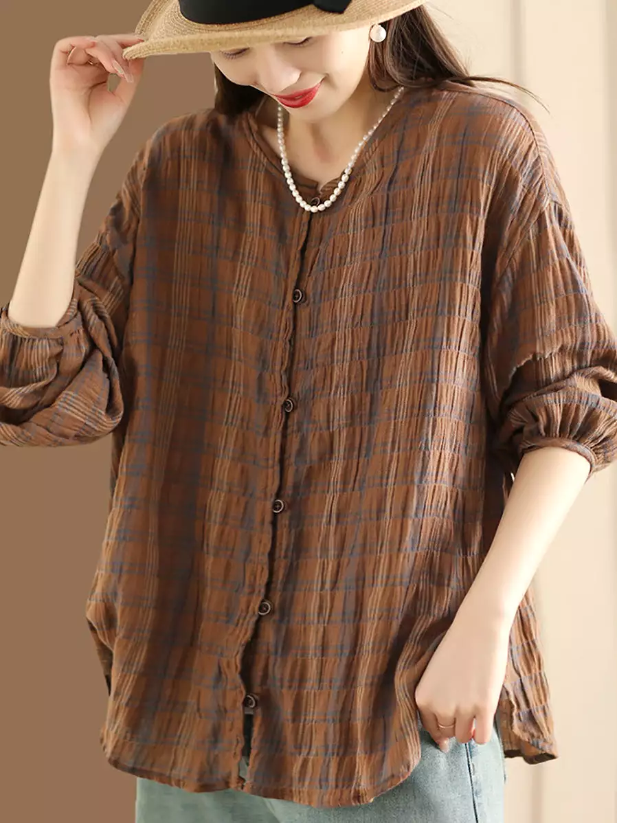 Women Vintage Spring Plaid Ramie Button Up Blouse CO1044