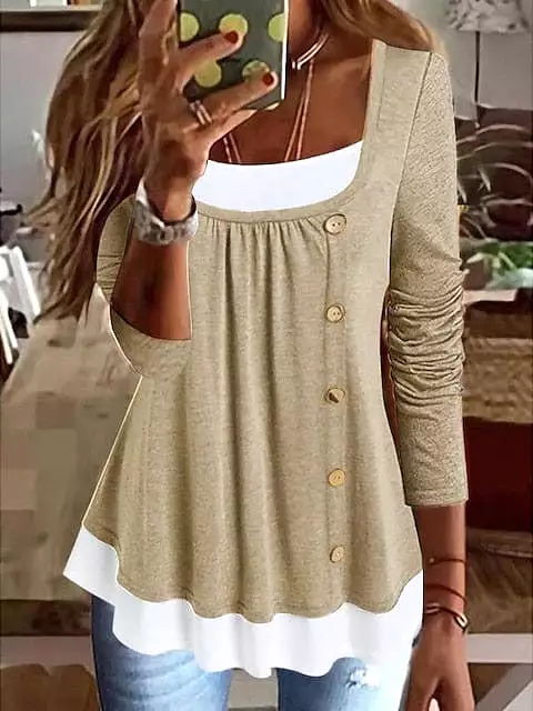 Women's Color Block Button Flowing Tunic Blouse