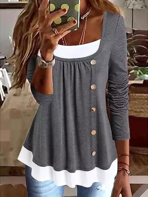 Women's Color Block Button Flowing Tunic Blouse