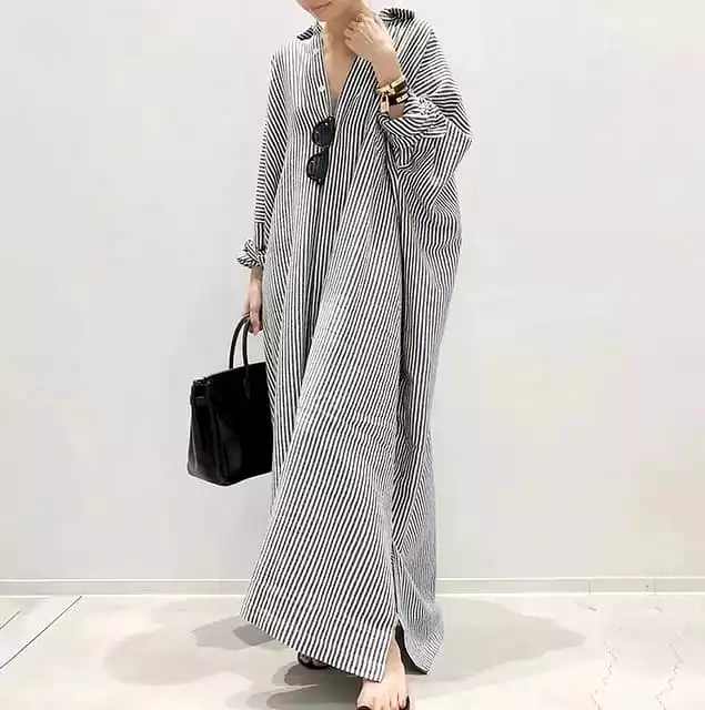 Women's Cotton Maxi Long Sleeve Button Down Loose Striped Kaftan Dress 39688